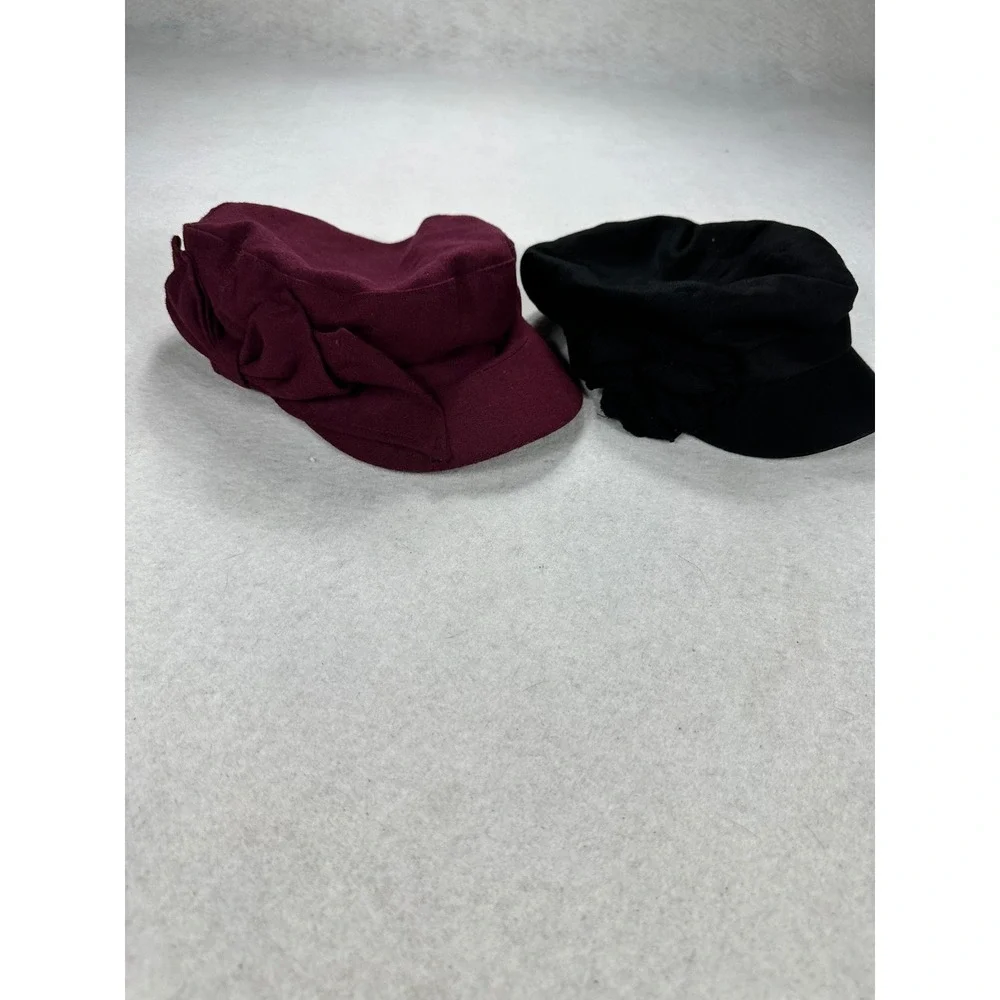August Hat Company Newsboy Cap Set 2 Burgundy Wool Blend Black Linen Cotton Bow